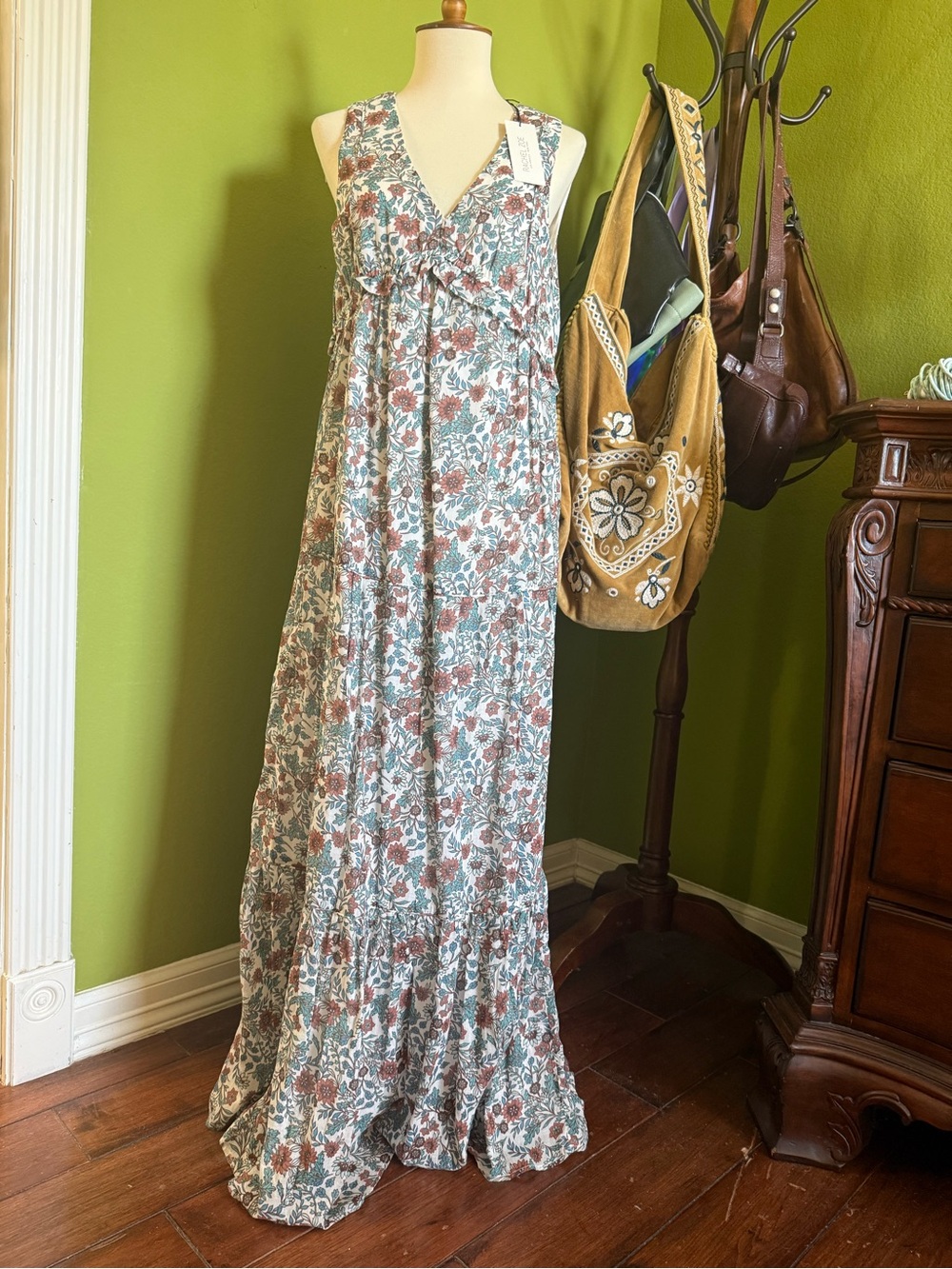 Rachel Zoe Sage Floral V-Neck Maxi Dress with Rust Blooms